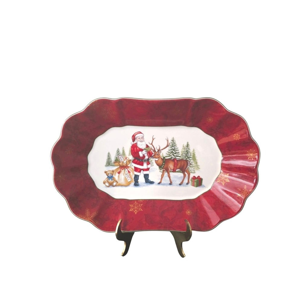 Vintage Villeroy & Boch Toy's Fantasy Santa Scalloped Christmas Serving Bowl Red